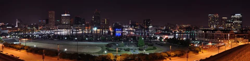 Baltimore Inner Harbor skyline at night