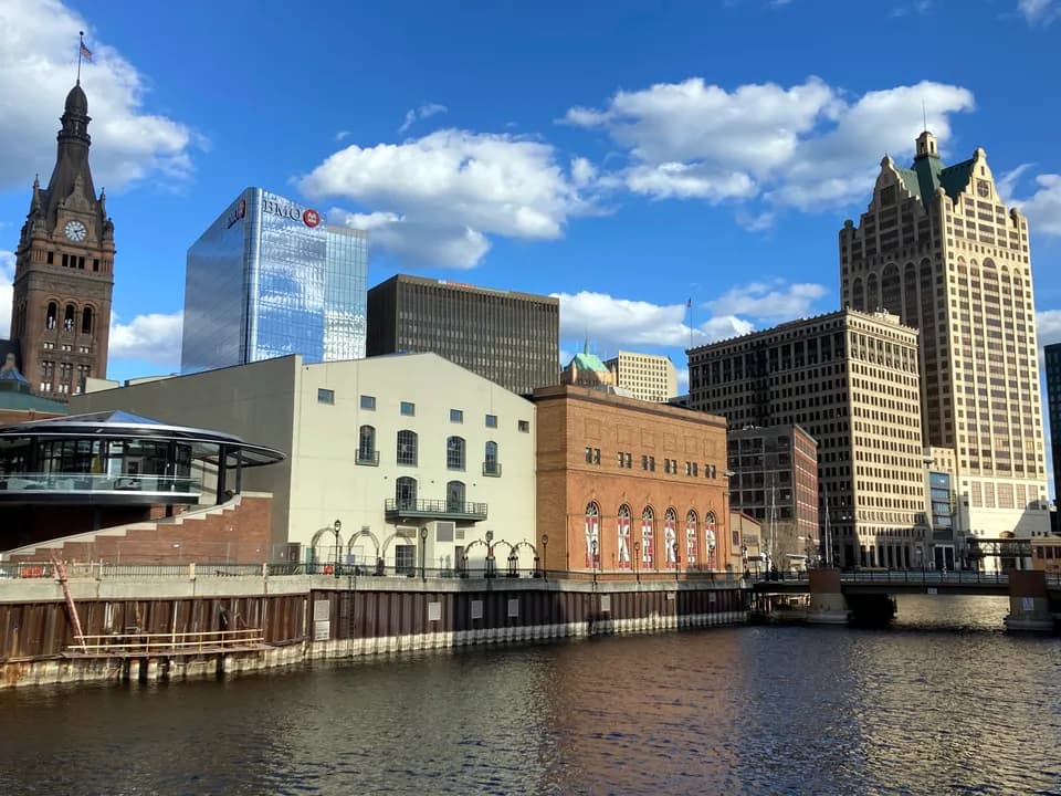 Milwaukee skyline and Milwaukee River in March 2024