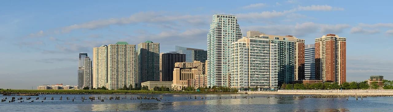 Newport apartment towers along the Jersey City waterfront viewed from Hoboken