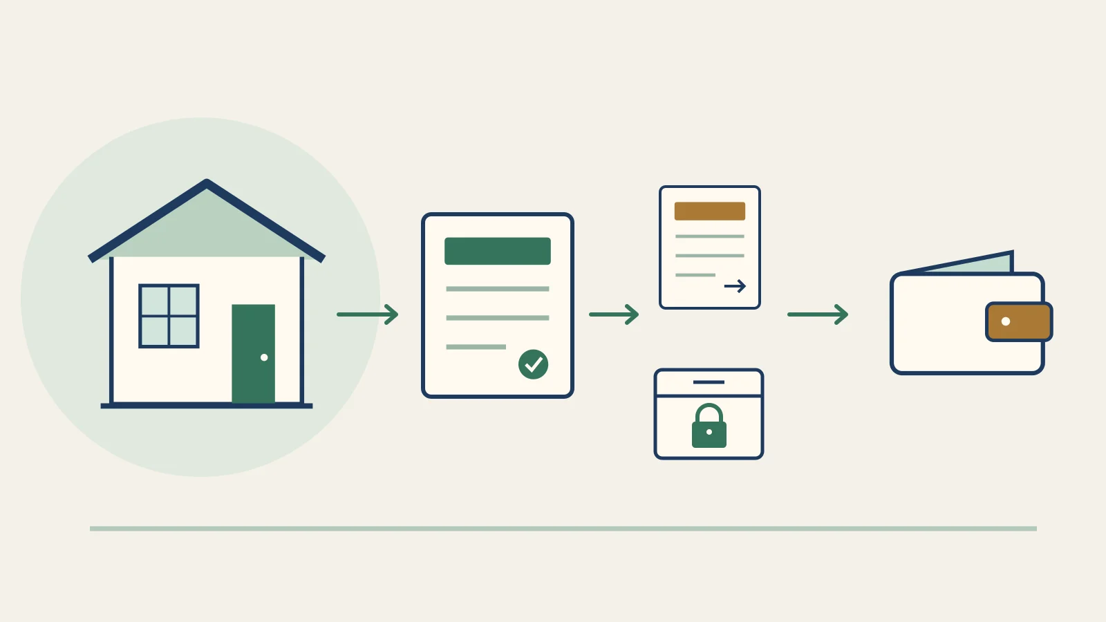 Original illustration of a rental home connected to an income ledger, a loan document and a separate reserve box.