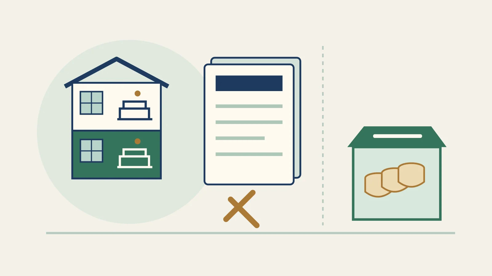 Original illustration of a house, renovation tools and investment documents beside a separate cash reserve.