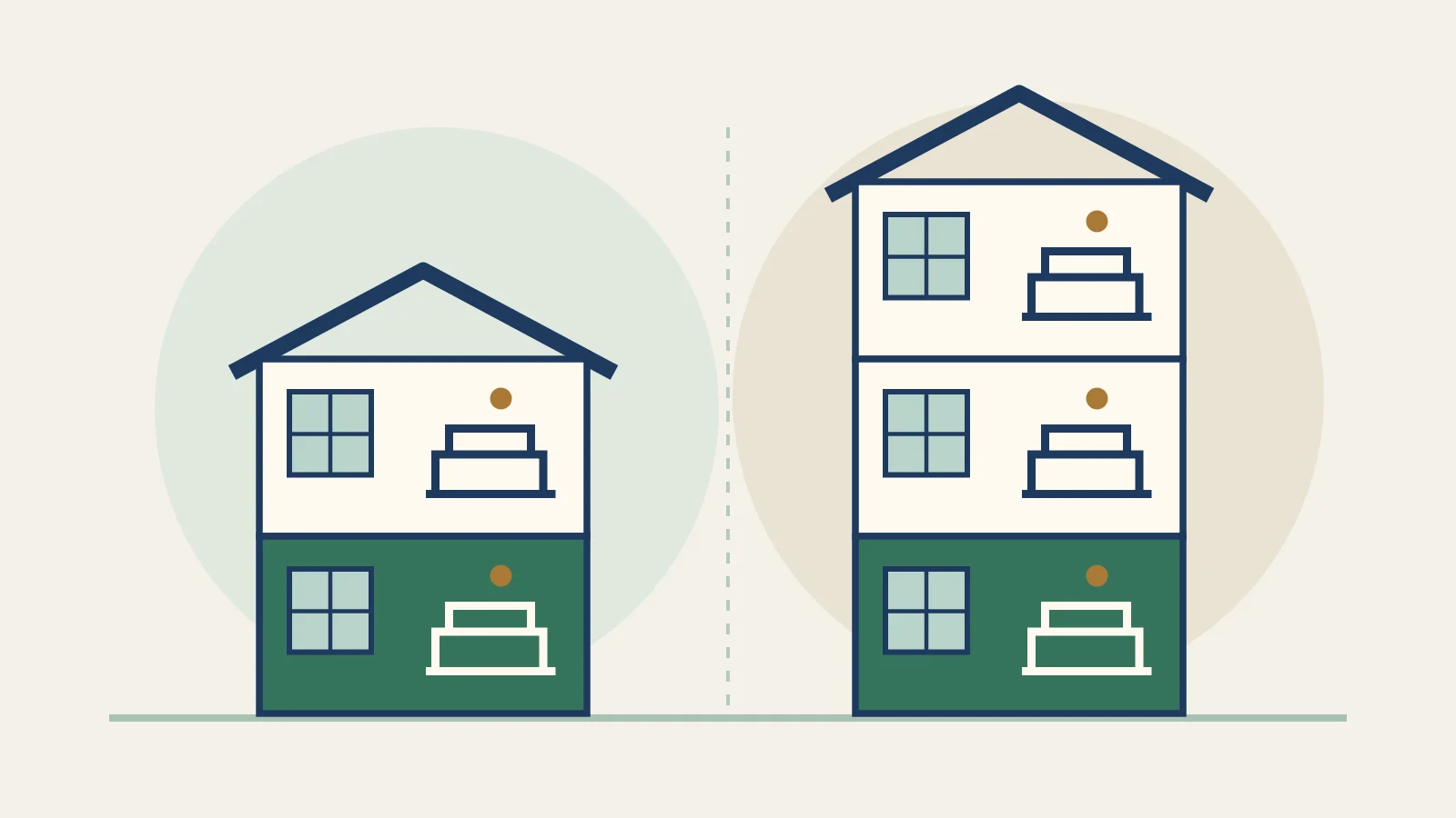 Original cutaway illustration comparing a two-unit home and a three-unit home, with the owner unit distinguished from rental units.