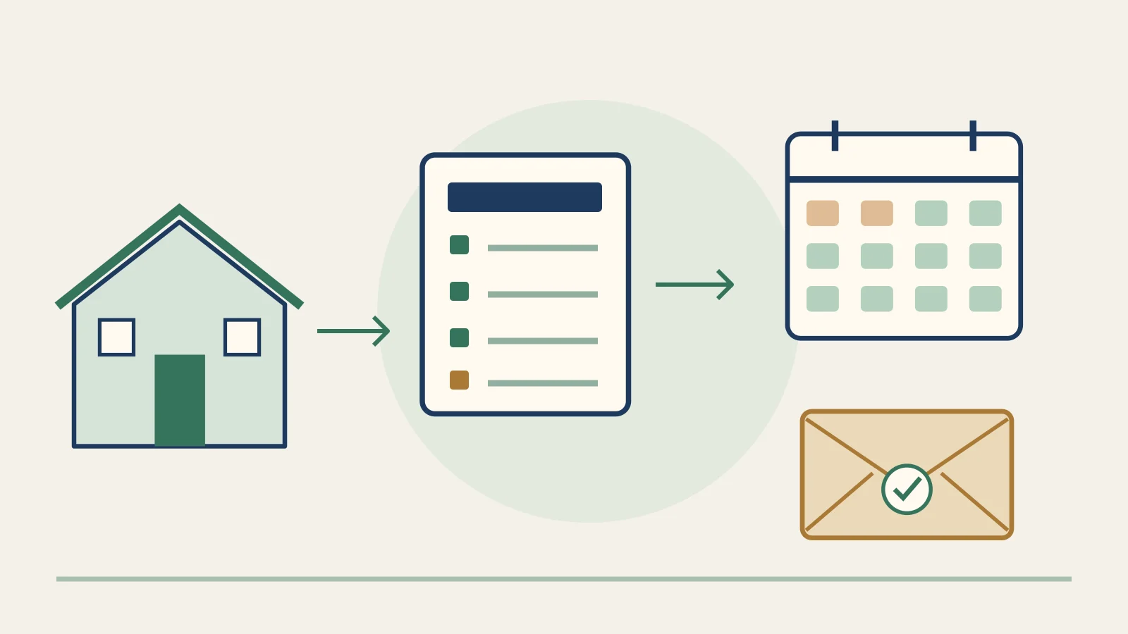 Original illustration of a rental home, an acquisition-cash ledger, a reserve envelope and an annual calendar with two initial empty months.