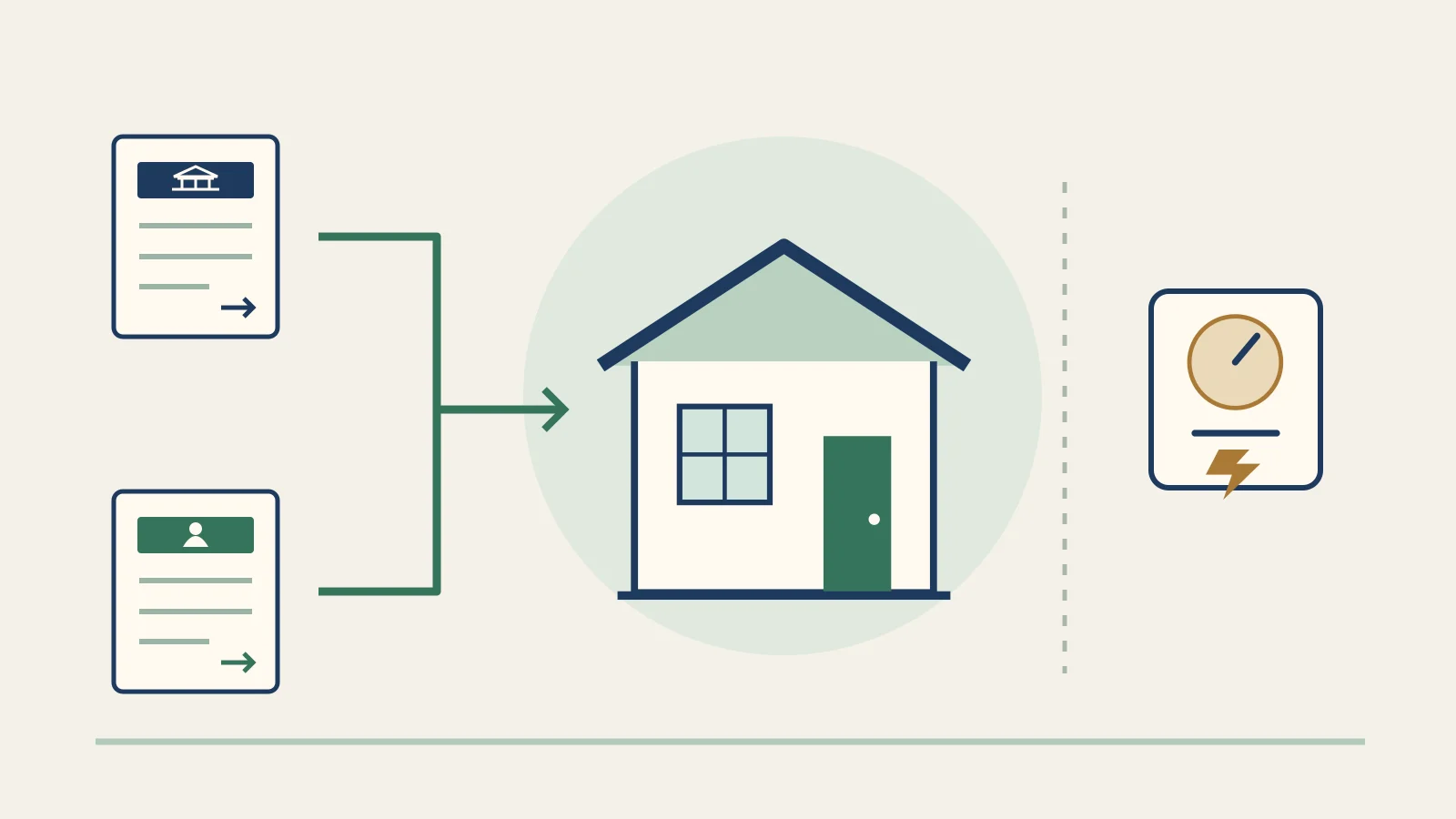 Original illustration of authority and tenant rent-payment documents leading to a rental home, with a separate utility meter.
