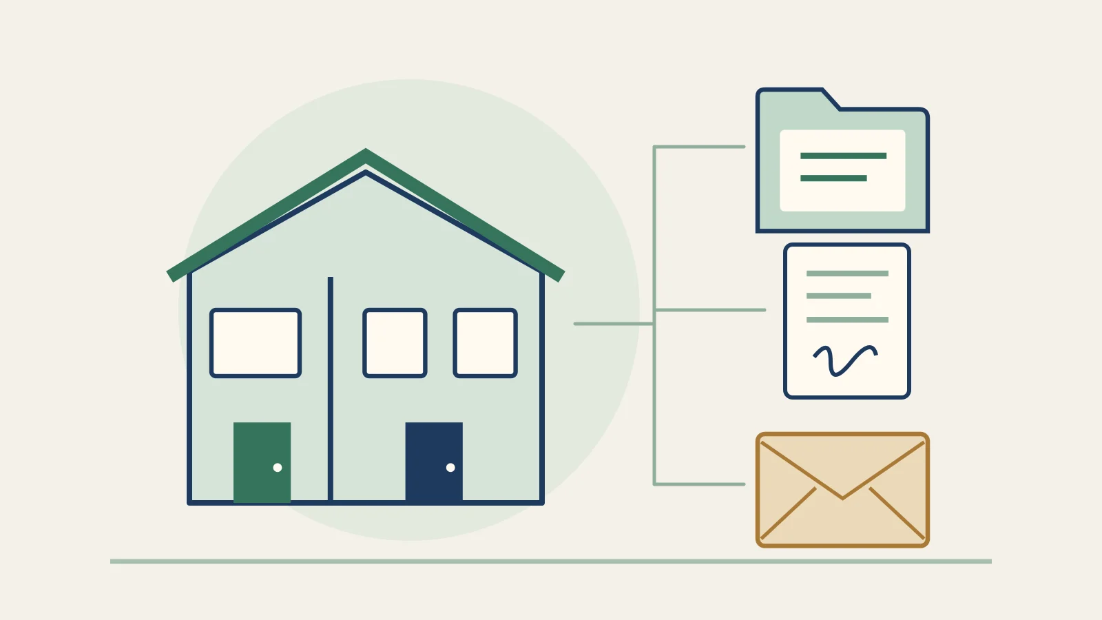 Original cutaway duplex connected to property records, a loan document and a cash envelope representing three distinct checks before relying on rent.
