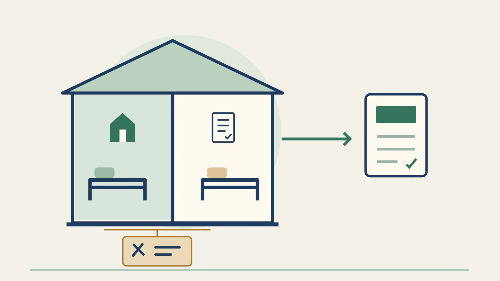 Original cutaway duplex illustration distinguishing the owner home from the rented home, with a rent ledger and separate reserve box.