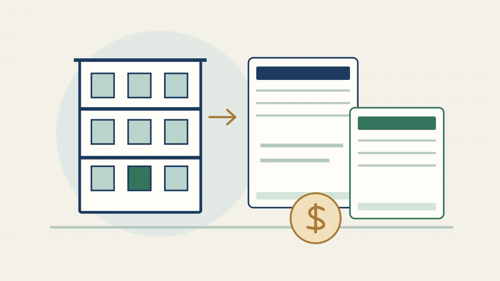 Original illustration of a small apartment building beside operating records and a cash-flow ledger.