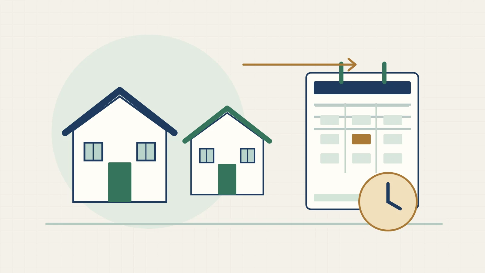 Original illustration of two rental homes beside a leasing calendar and clock.