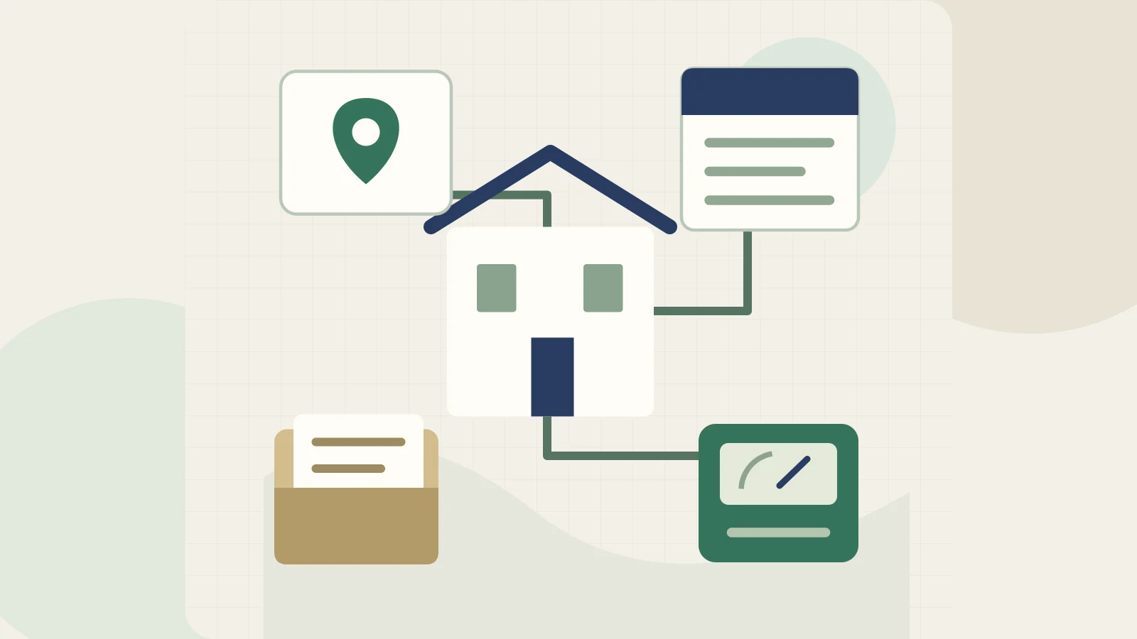 Original illustration of a rental building connected to an address pin, a rent schedule, a utility meter and a budget record.