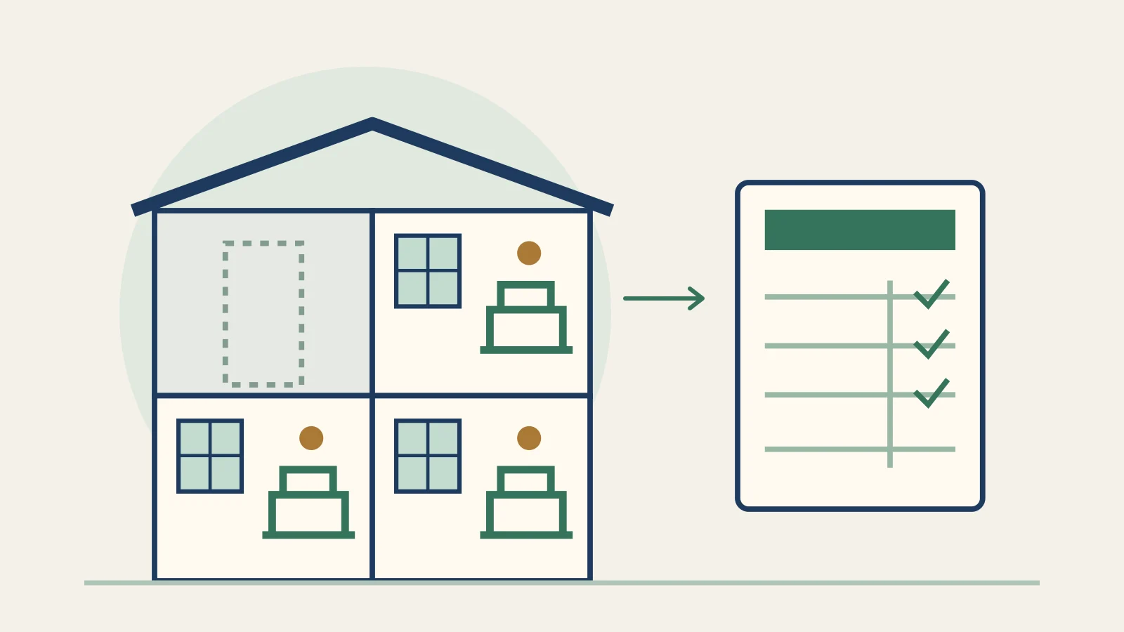 Original illustration of a four-unit rental building beside a rent collection ledger, with one unit shown empty.