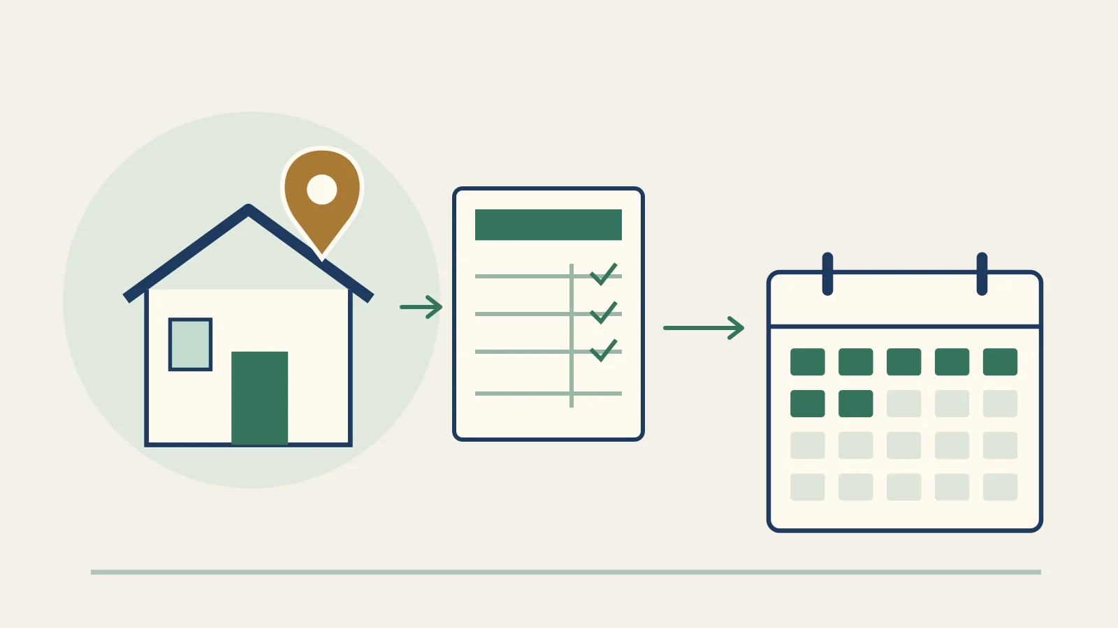 Original illustration of a home, address pin, application documents and a calendar of limited bookable dates.