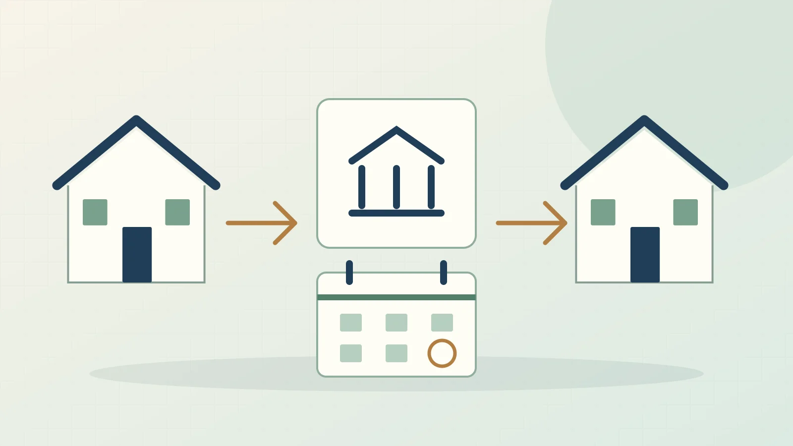 Original illustration of two rental properties connected through an intermediary, with a calendar along the exchange path.