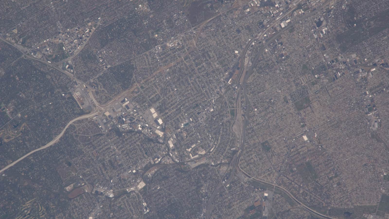 Aerial view of the street grid and housing blocks around Maplewood in suburban St. Louis.