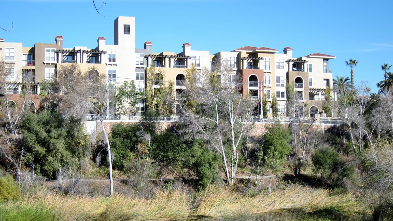 Apartment buildings with balconies beside the San Diego River in Mission Valley East.