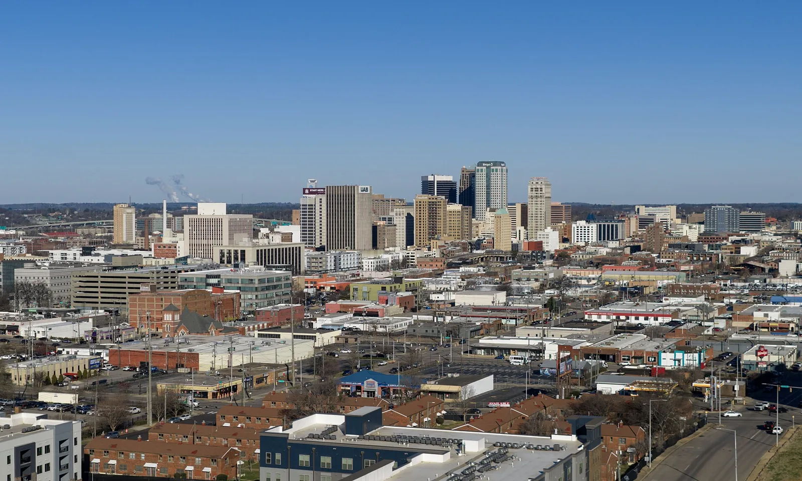 Birmingham skyline above lower-rise city buildings