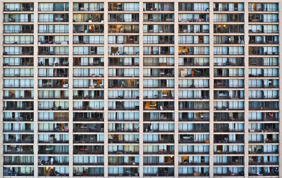 Rows of balconies and windows at Fox Plaza apartments on Market Street in San Francisco