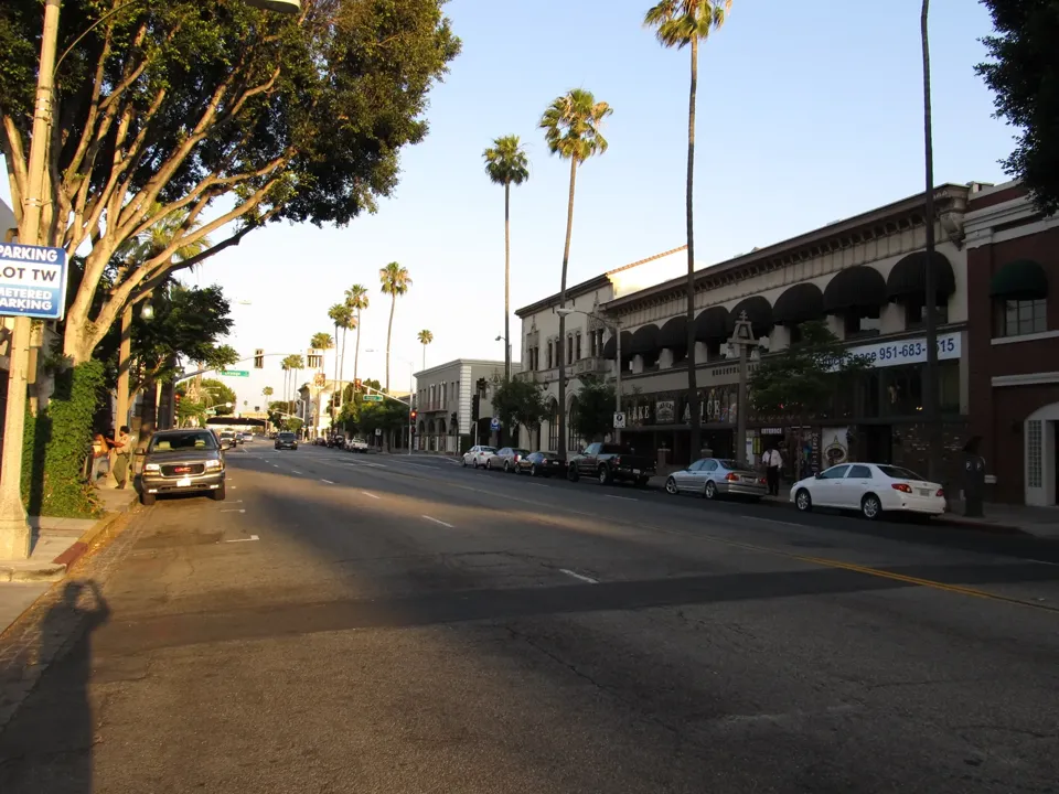 Low-rise commercial buildings and palm trees along a downtown Riverside street.