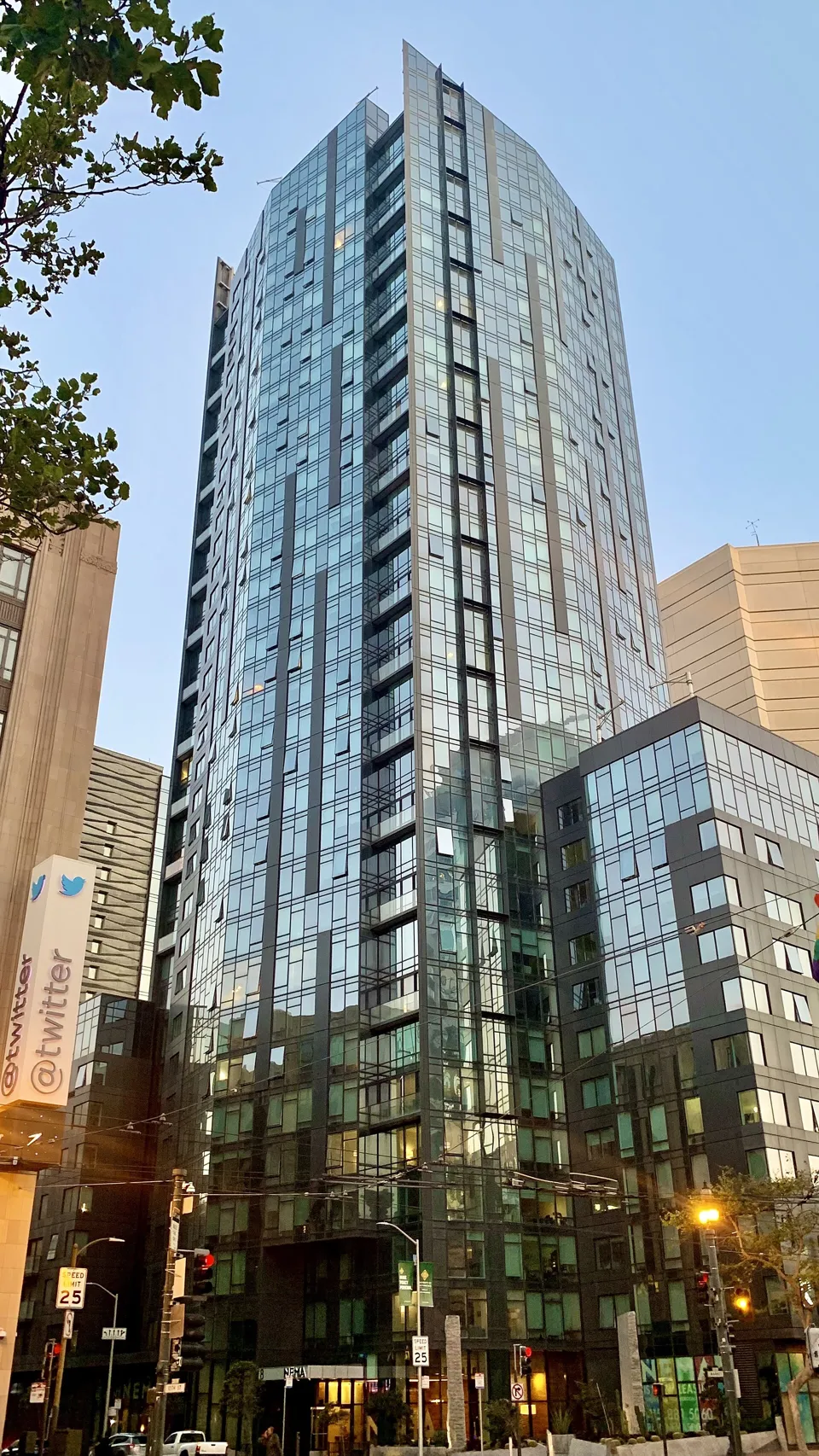 The NEMA residential tower rising above a San Francisco street.