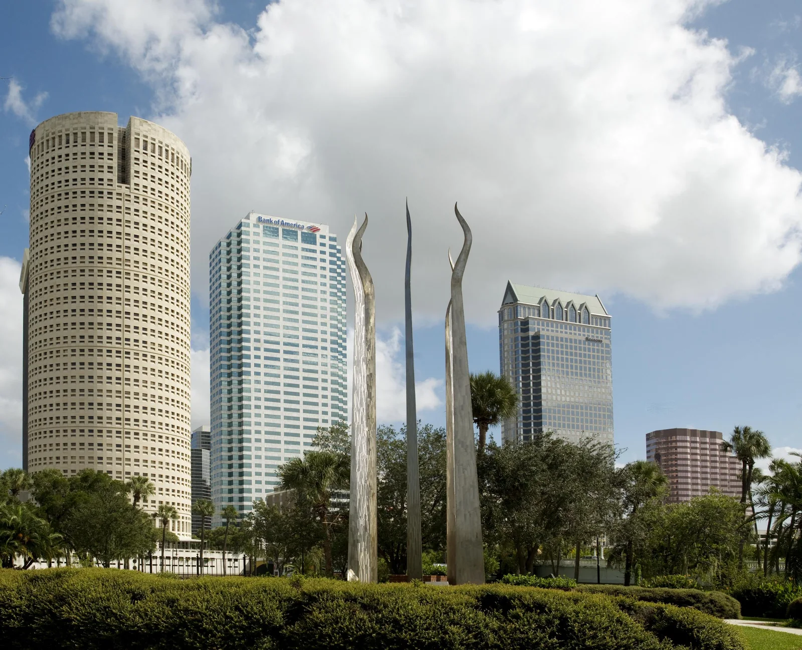 Tampa skyline behind the Sticks of Fire sculpture