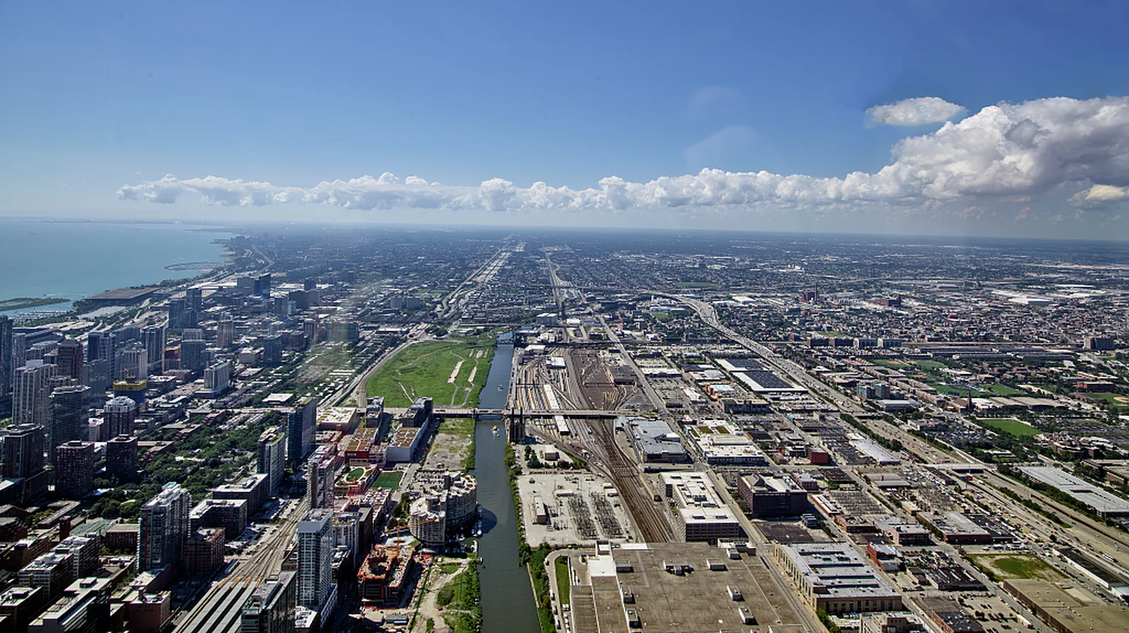 Chicago lakefront and downtown buildings seen from an elevated observation deck