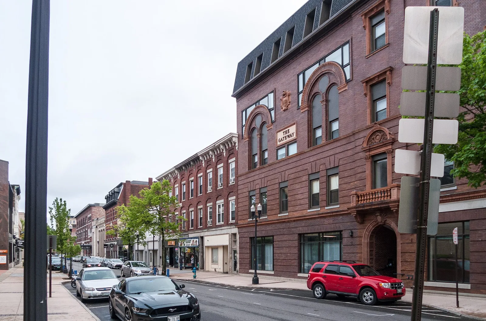 Brick buildings and storefronts on Lisbon Street in Lewiston, Maine