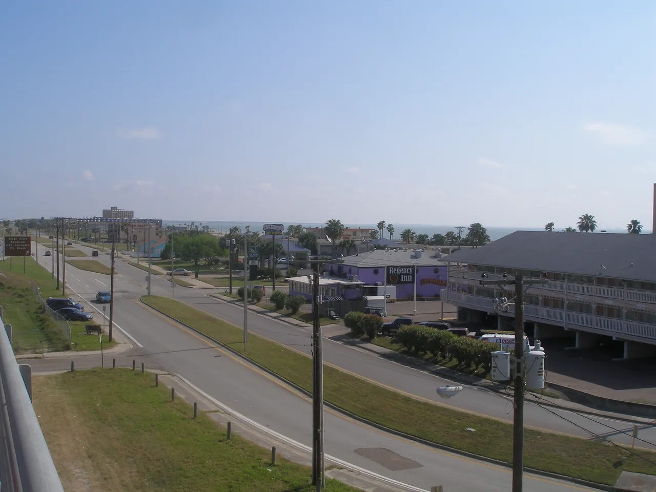 North Beach streetscape with lodging buildings and the bay in Corpus Christi in 2006