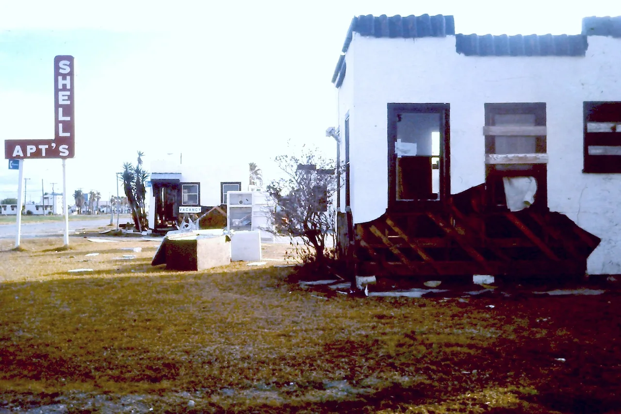 Damaged exterior of Shell Apartments on Timon Boulevard in Corpus Christi after Hurricane Allen in August 1980