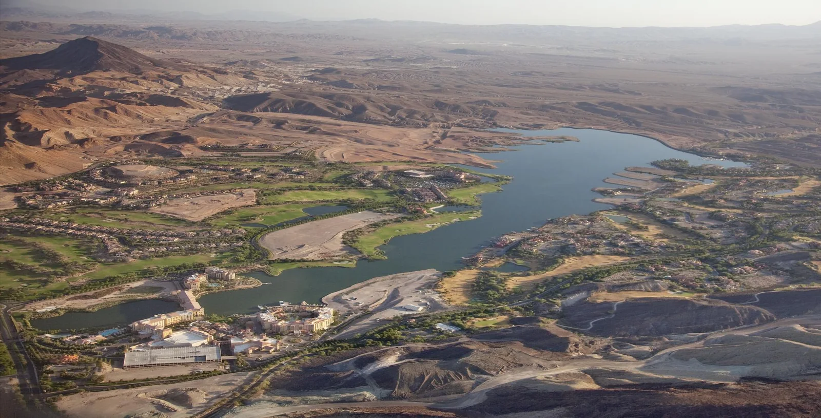 Aerial view of Lake Las Vegas development surrounded by desert