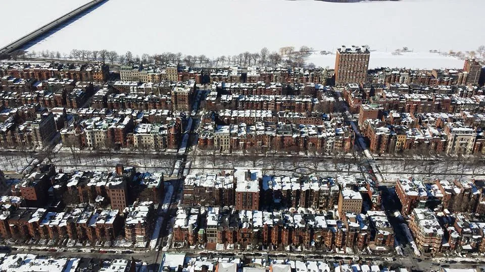 Rows of brownstone buildings in Boston Back Bay.