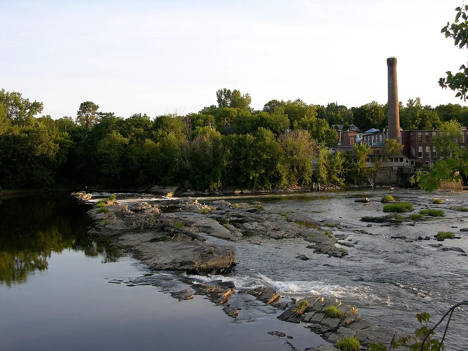 Winooski Falls and neighboring buildings in Vermont.