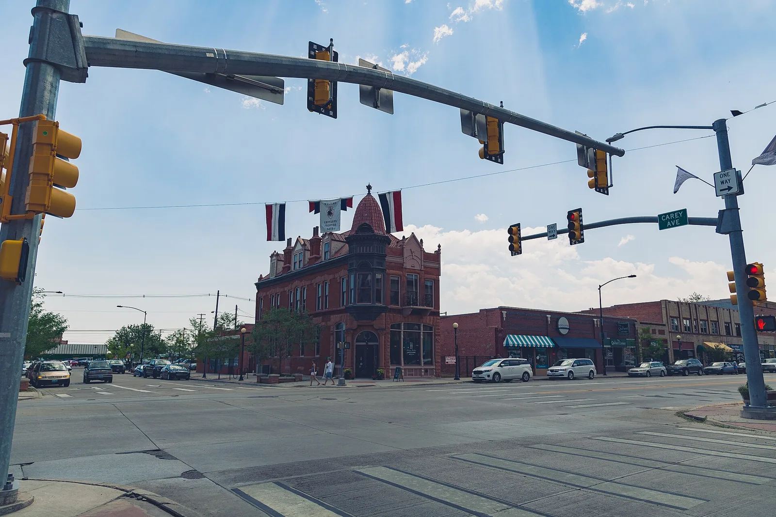 Downtown Cheyenne brick buildings at a street intersection